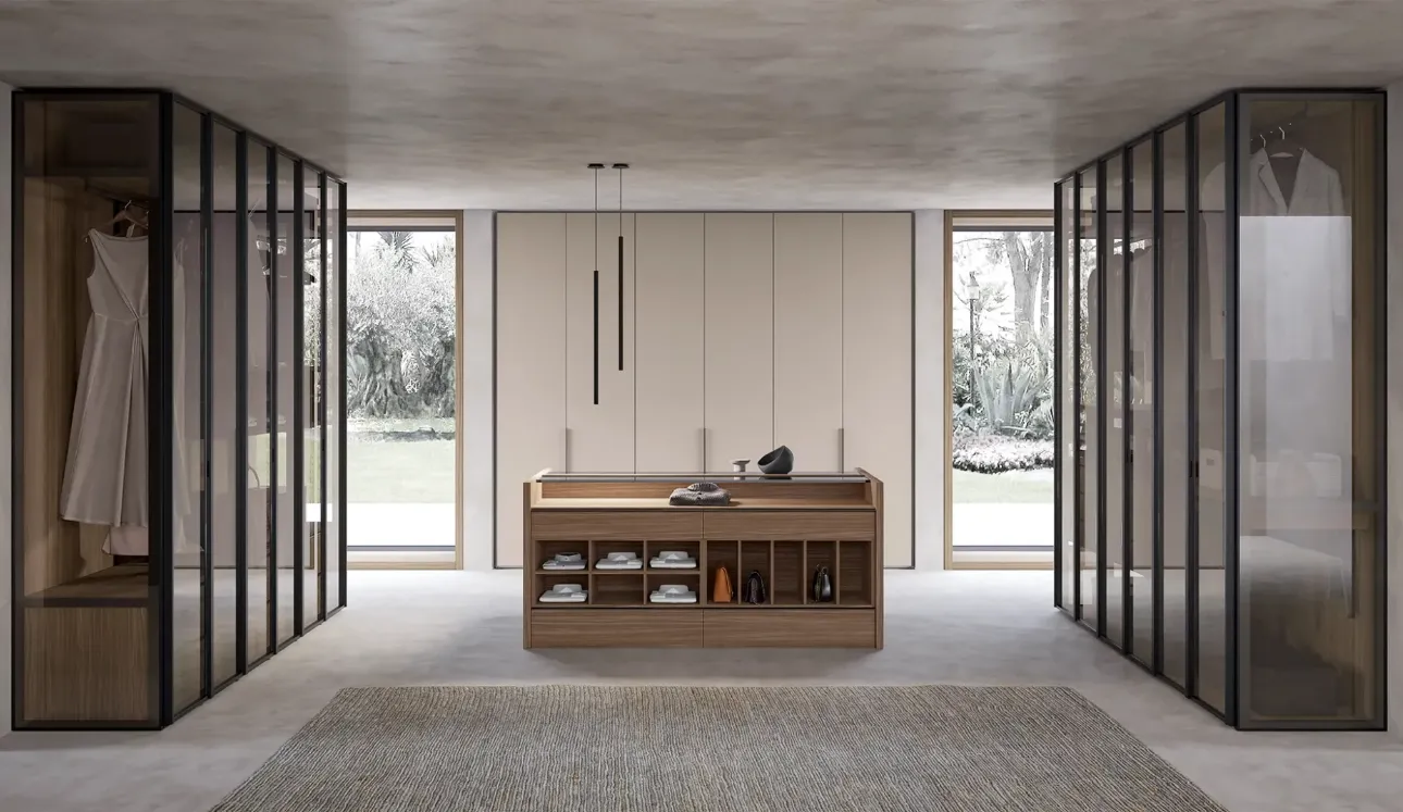 Armadio Atelier a vista con ante Crystal in vetro oppure con anta Low in laccato finitura Canapa di Adok