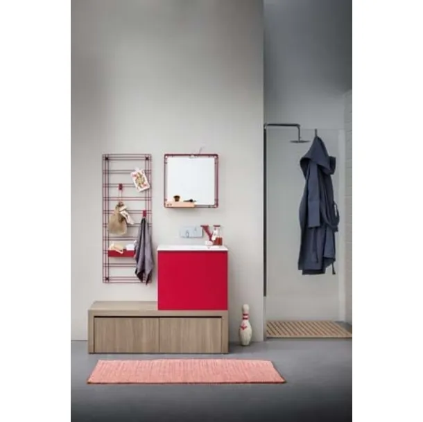 Mobile Bagno da appoggio in melaminico e laccato rosso con top in mineral marmo Acqua e Sapone 04 di Birex