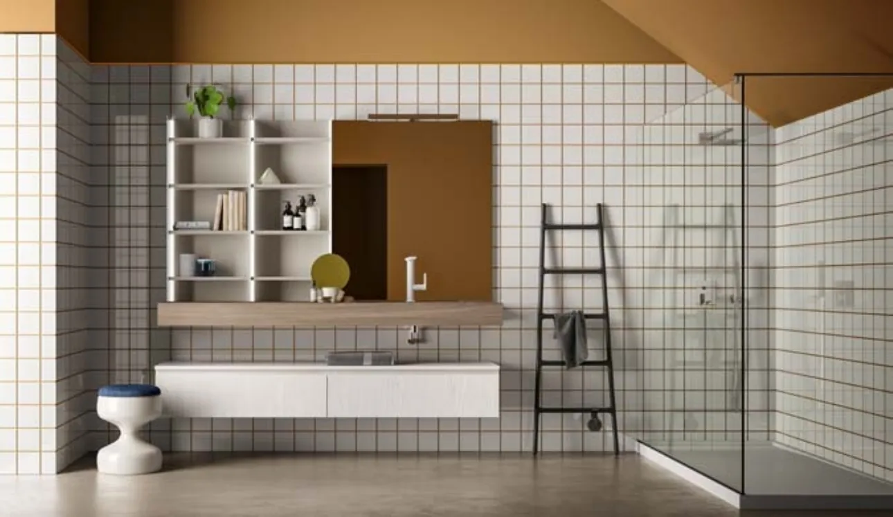 Mobile da Bagno sospeso in melaminico olmo color corda e bianco Lapis 02 di Birex