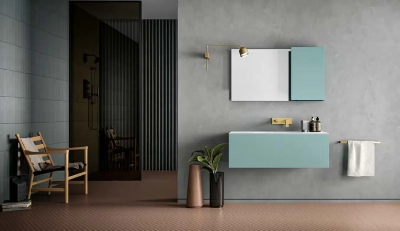 Mobile da Bagno moderno sospeso in laccato e top in Corian Hosoi 03 di Birex
