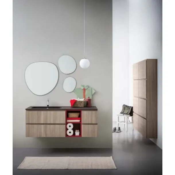 Mobile da Bagno sospeso in melaminico con vano a giorno in laccato rosso e top in mineral marmo Lapis 04 di Birex