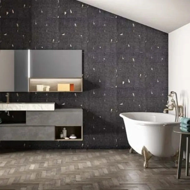 Mobile da bagno sospeso in laccato metallico e rovere con top in gres effetto marmo Memento 03 di Birex