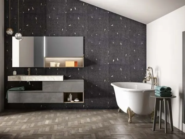 Mobile da bagno sospeso in laccato metallico e rovere con top in gres effetto marmo Memento 03 di Birex