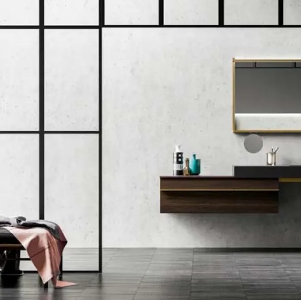 Mobile da Bagno sospeso in rovere e alluminio con top in acciaio Sidero 03 di Birex