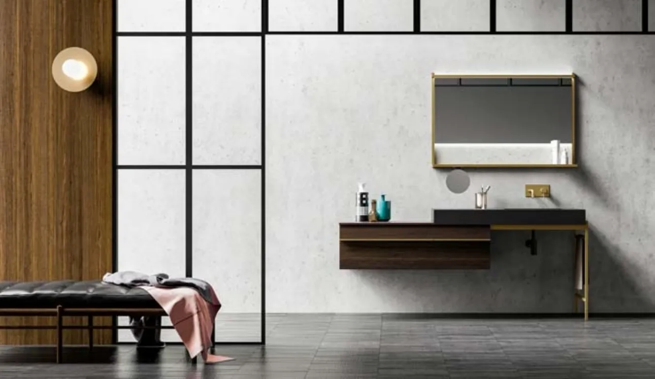 Mobile da Bagno sospeso in rovere e alluminio con top in acciaio Sidero 03 di Birex