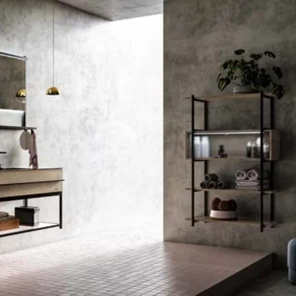 Mobile da Bagno sospeso in rovere e alluminio con top in gres Sidero 05 di Birex