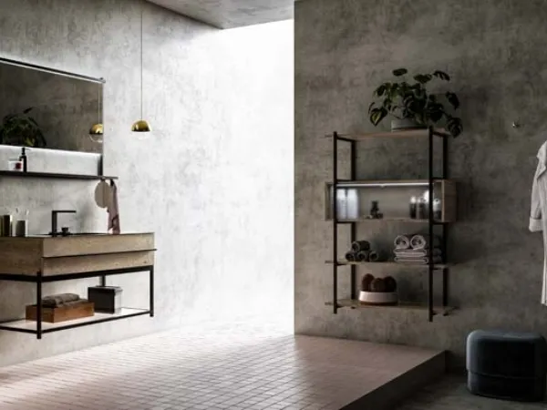 Mobile da Bagno sospeso in rovere e alluminio con top in gres Sidero 05 di Birex