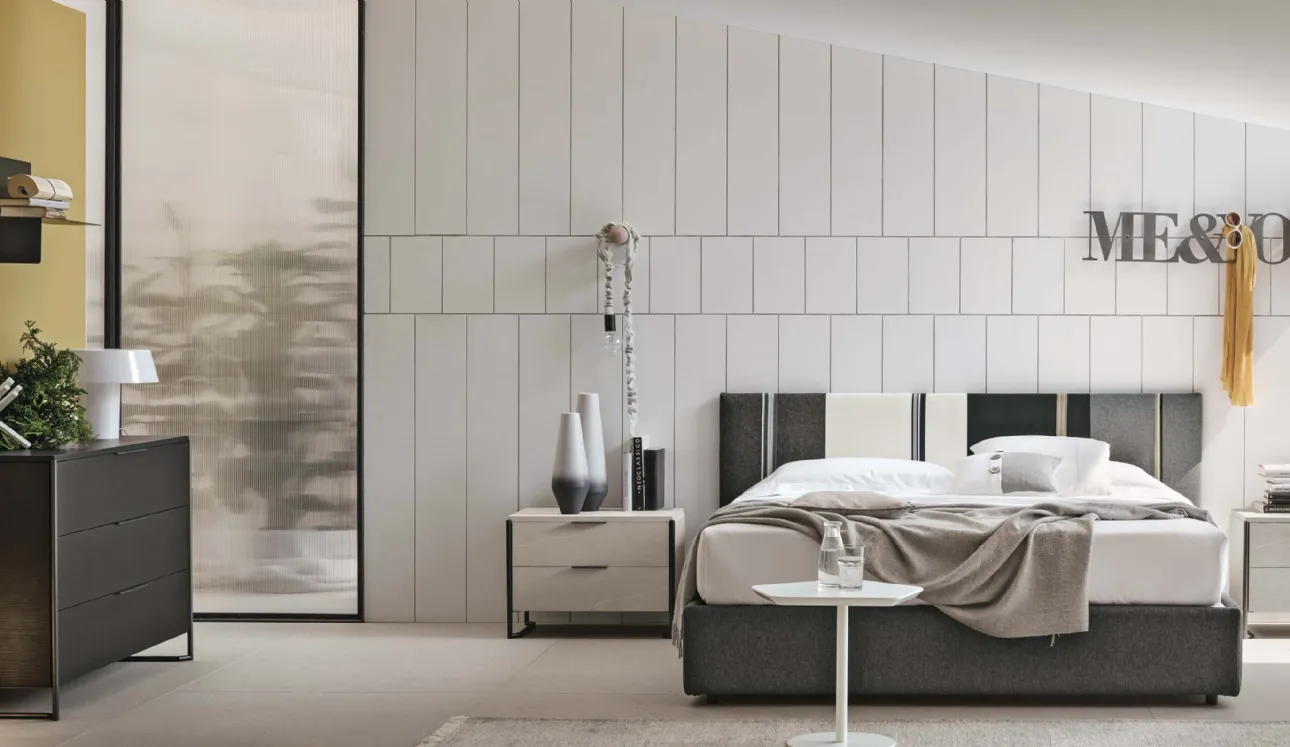 Letto in tessuto con box contenitore e testiera Diagonal di Tomasella