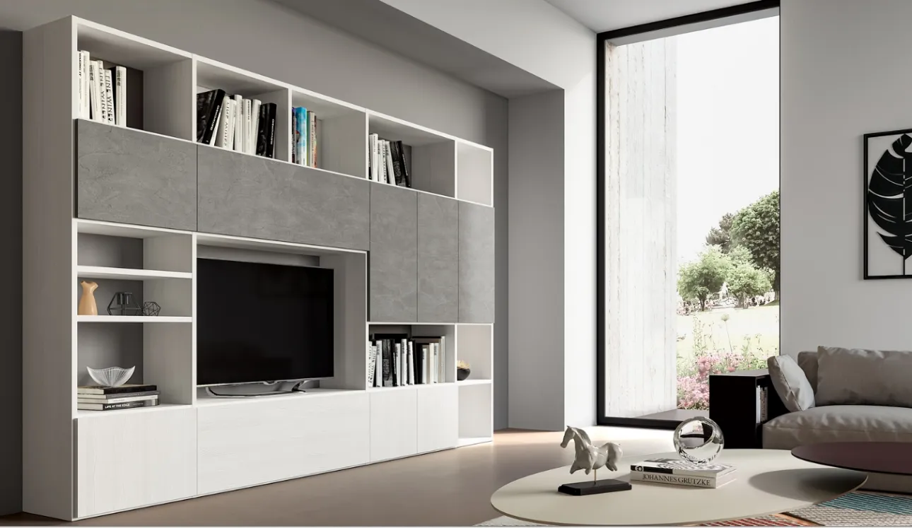 Libreria in materico cemento e Matwood  White Composizione PTG314 di SantaLucia