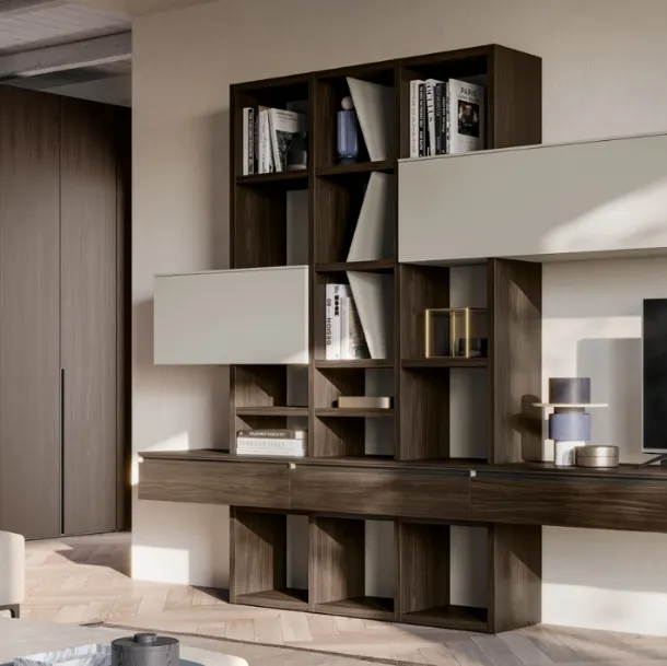 Libreria in melaminico effetto legno e laccato opaco GS211 di SantaLucia