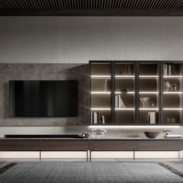 Parete Attrezzata GS301 in melaminico effetto marmo e legno con ante in vetro di SantaLucia