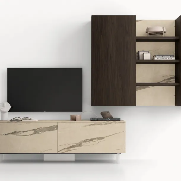Parete Attrezzata GS302 in melaminico finiture effetto marmo e legno di SantaLucia