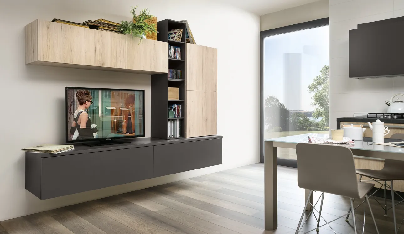 Parete Attrezzata Living Play finitura Rovere Medio e laccato opaco Ardesia di Veneta Cucine