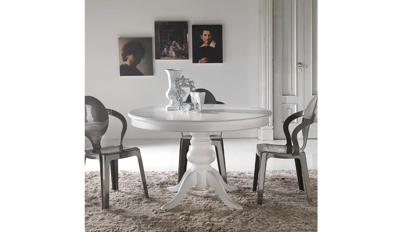 Tavolo rotondo allungabile Re-Style impiallacciato tanganika in tinta con base in Faggio massello laccato bianco uniforme di La Seggiola