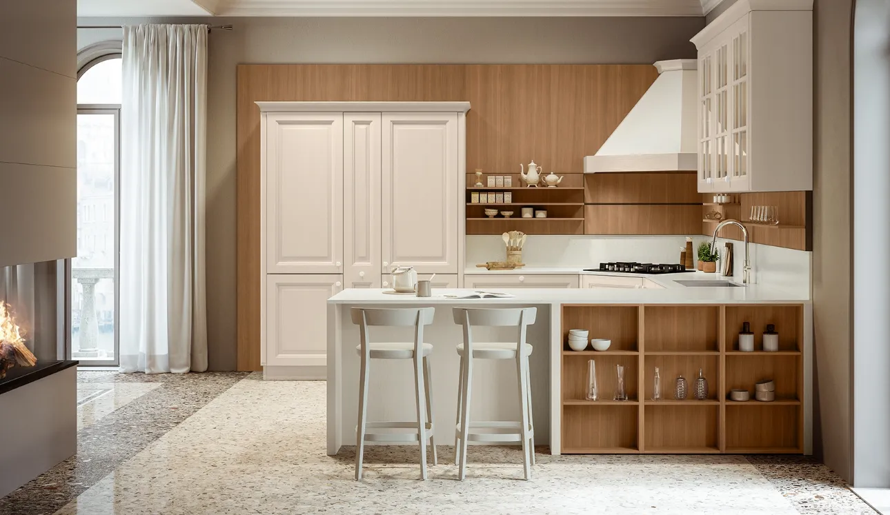 Cucina Classica con penisola Pavese 01 in Frassino laccato e Noce di Veneta Cucine
