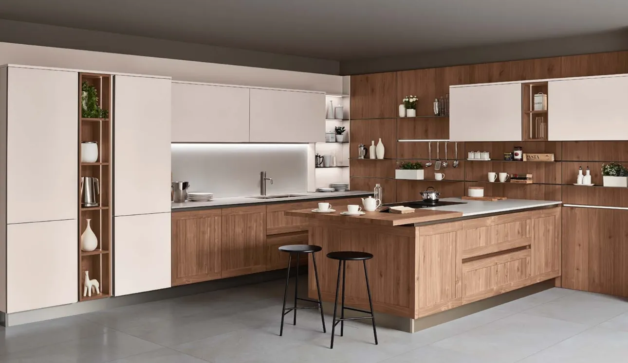 Cucina Moderna con penisola Armonia 02 in Noce nodoso a doghe e laccato opaco di Veneta Cucine