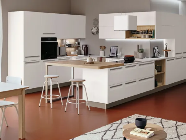 Cucina Moderna Carrera angolare con penisola in laccato Bianco Riso di Veneta Cucine