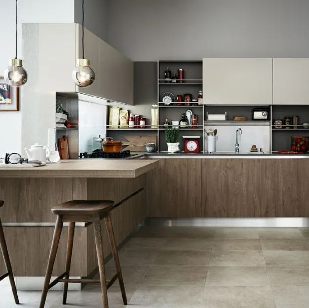 Cucina Moderna Ethica Go angolare in finitura Quercia Medio Dek e Silk Grigio Tortora di Veneta Cucine