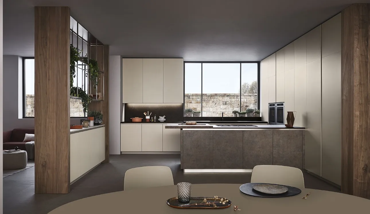 Cucina Moderna Lounge con penisola in laccato Grigio Corda e Noce Nodoso di Veneta Cucine