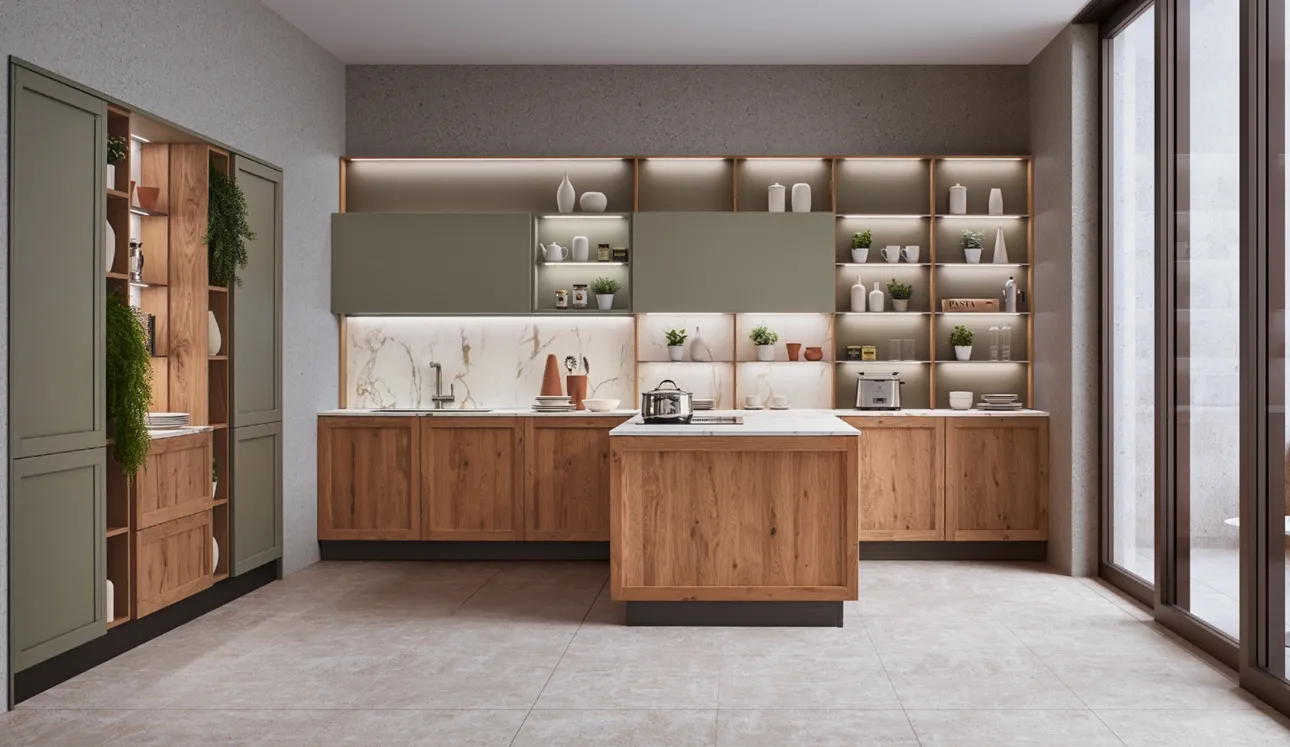Cucina Moderna con penisola Milano 01 in Rovere e laccato Verde di Veneta Cucine
