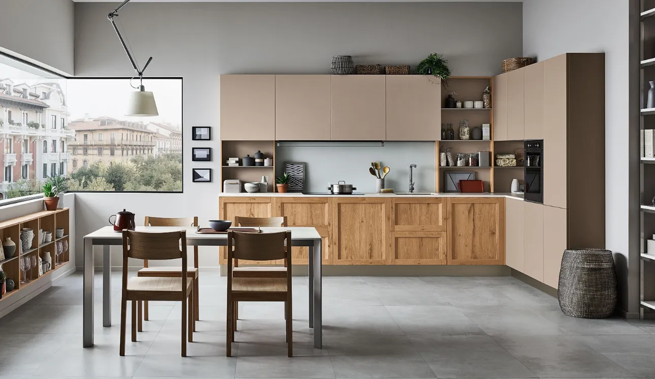 Cucina Moderna angolare Milano 08 in Rovere Nodoso chiaro e laccato Beige di Veneta Cucine