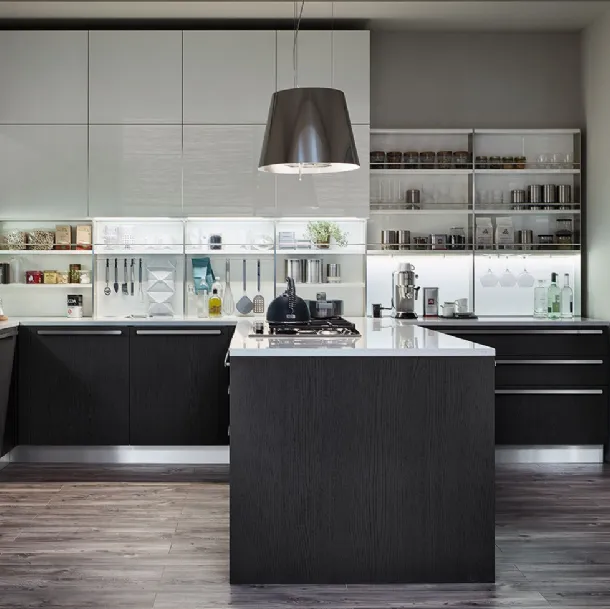Cucina Moderna con penisola Extra in Rovere Grafite e laccato lucido Bianco Puro di Veneta Cucine