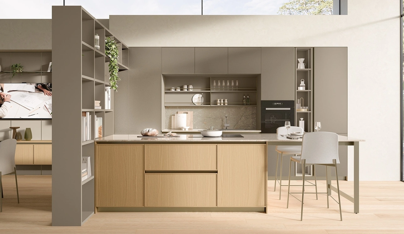 Cucina Moderna con penisola Sakura 06 in vetro opaco Alabastro e Rovere Ikebana di Veneta Cucine