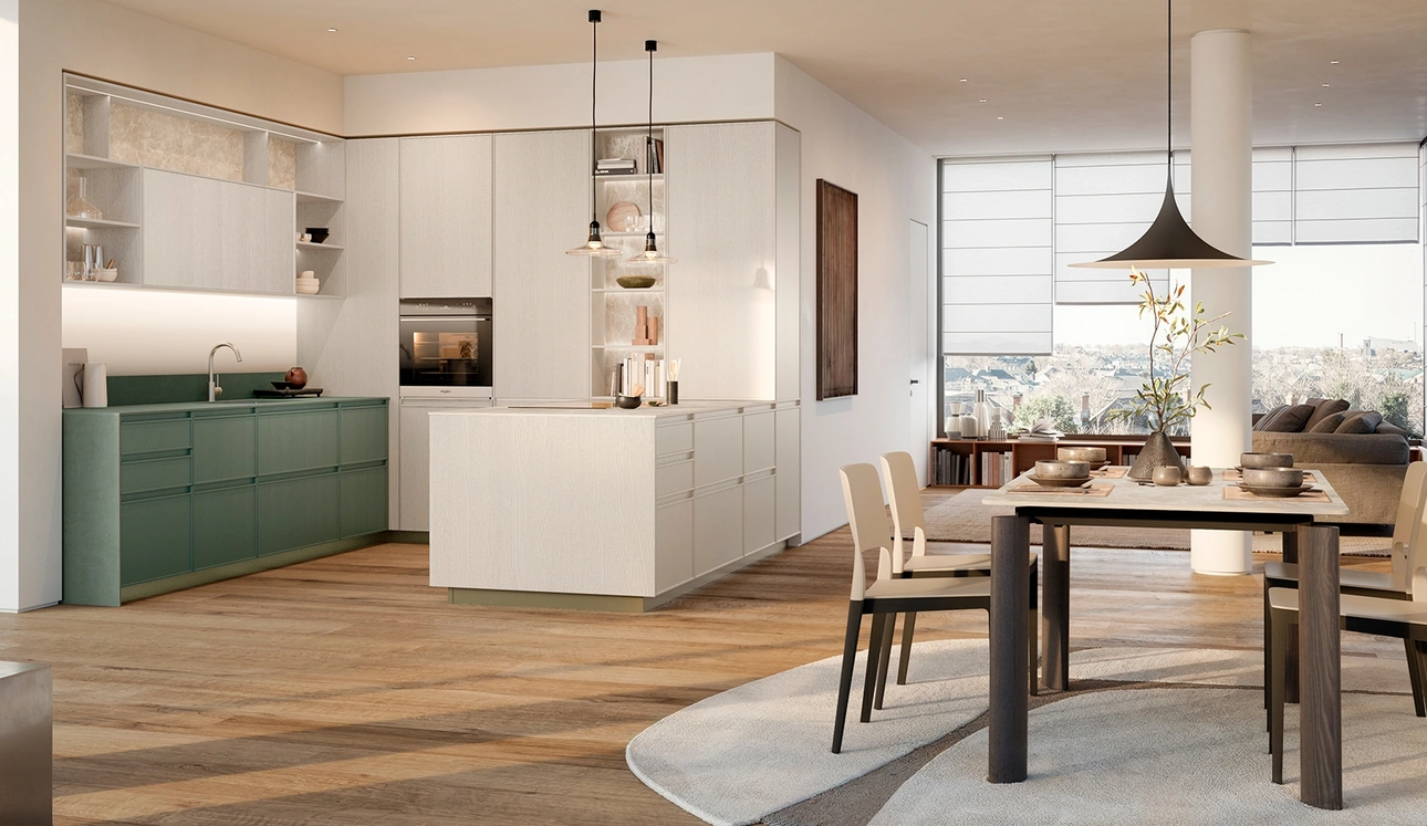 Cucina Moderna con penisola Sakura 07 in Frassino laccato opaco Verde e Frassino laccato Crema di Veneta Cucine