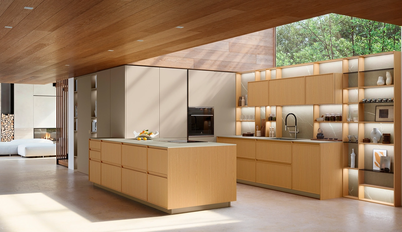 Cucina Moderna con penisola Sakura 08 in Rovere Ikebana e laccato Alabastro di Veneta Cucine