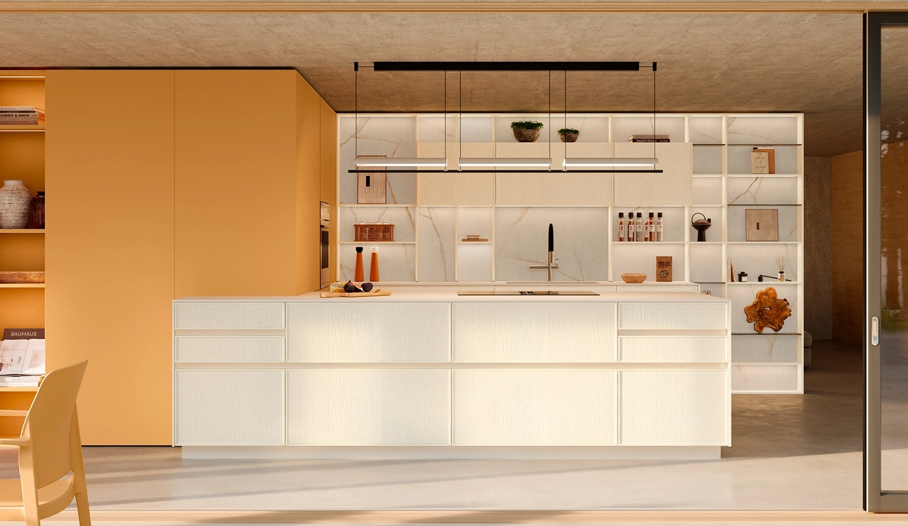 Cucina Moderna con penisola Sakura 11 in Frassino laccato Bianco e laccato opaco Pesca di Veneta Cucine