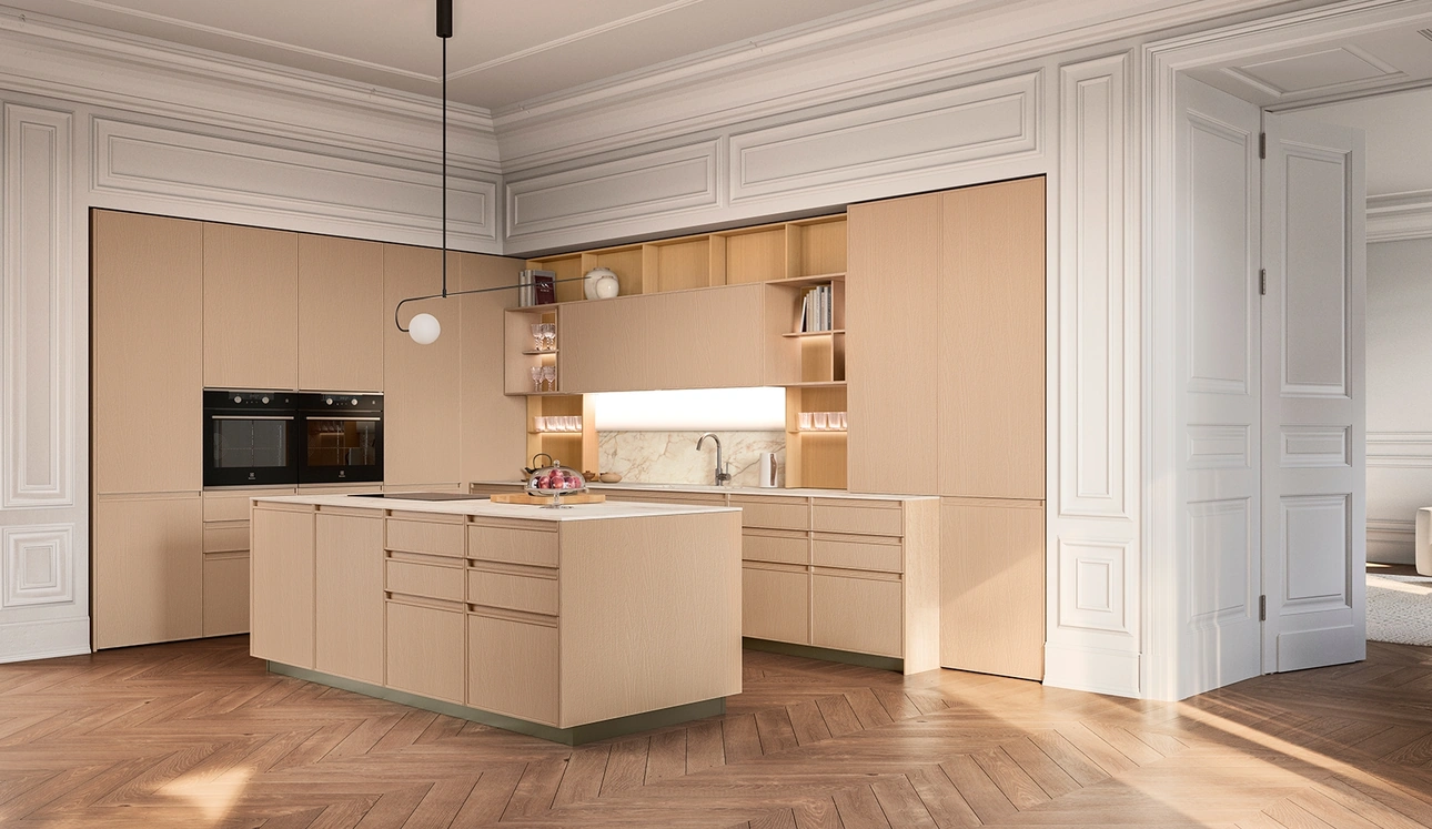 Cucina Moderna con isola Sakura 14 in Frassino laccato Nude di Veneta Cucine