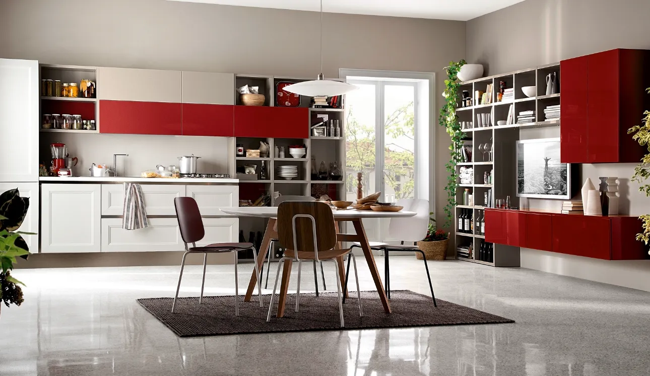 Cucina Moderna Tablet Go lineare in laccato opaco Link Bianco e laccato lucido Rosso Ciliegia di Veneta Cucine