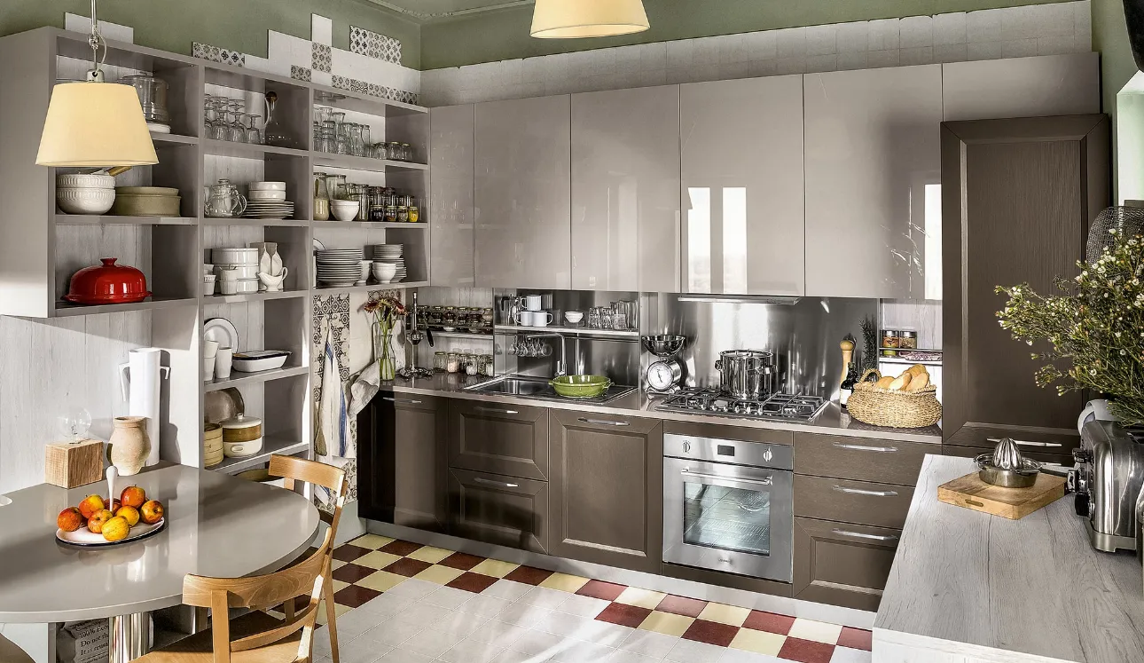 Cucina Moderna Tablet con penisola in finitura Link Rovere Marrone e laccato lucido Marron Mocaccino di Veneta Cucine