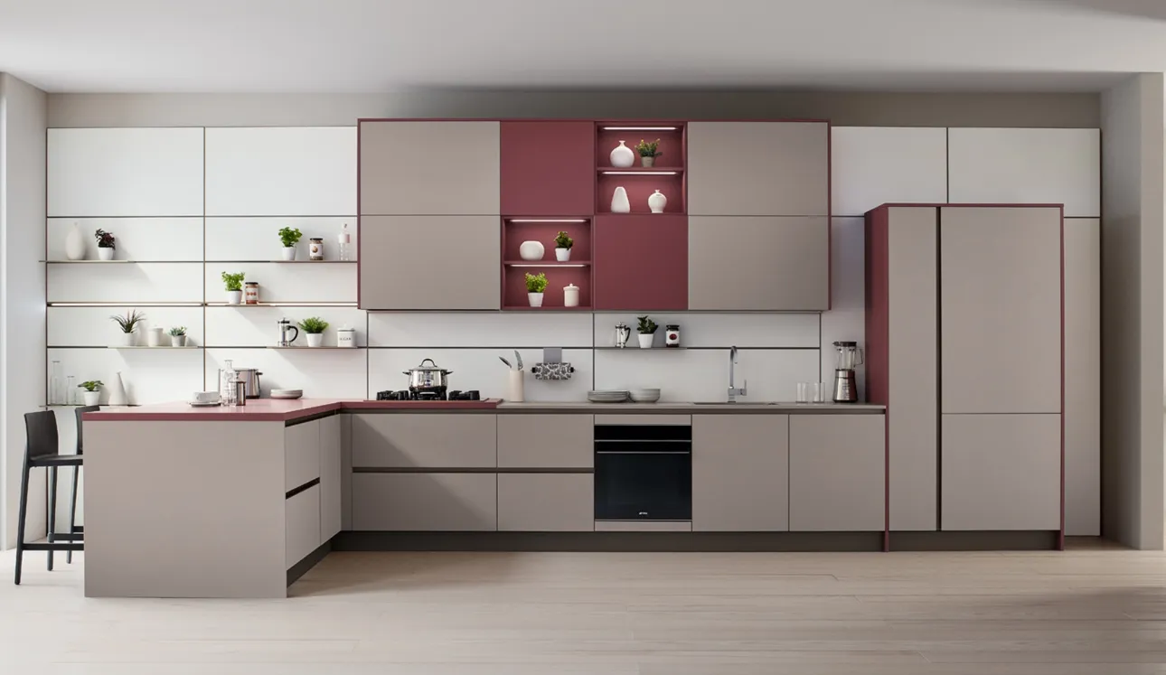 Cucina Moderna Like J 02 con penisola in laccato opaco Marrone e Rosso Soft di Veneta Cucine