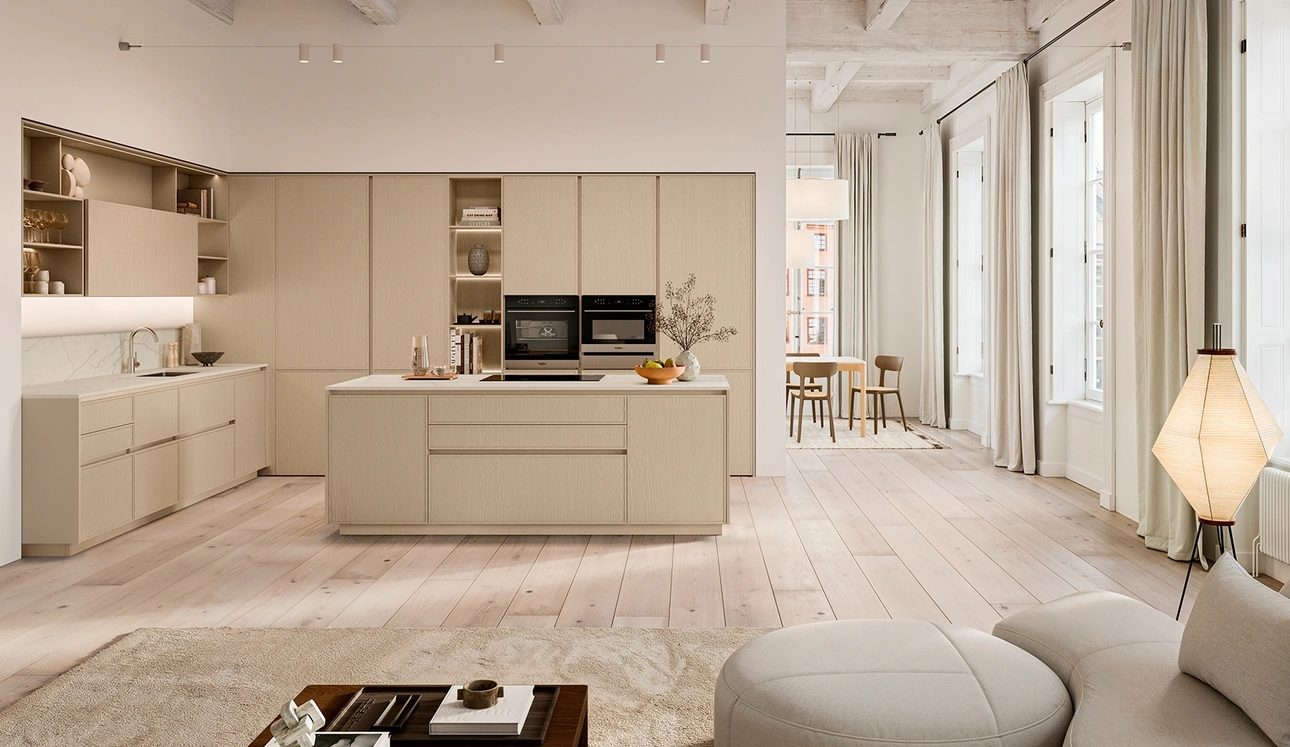 Cucina Moderna con isola Sakura 04 in Frassino laccato Beige di Veneta Cucine